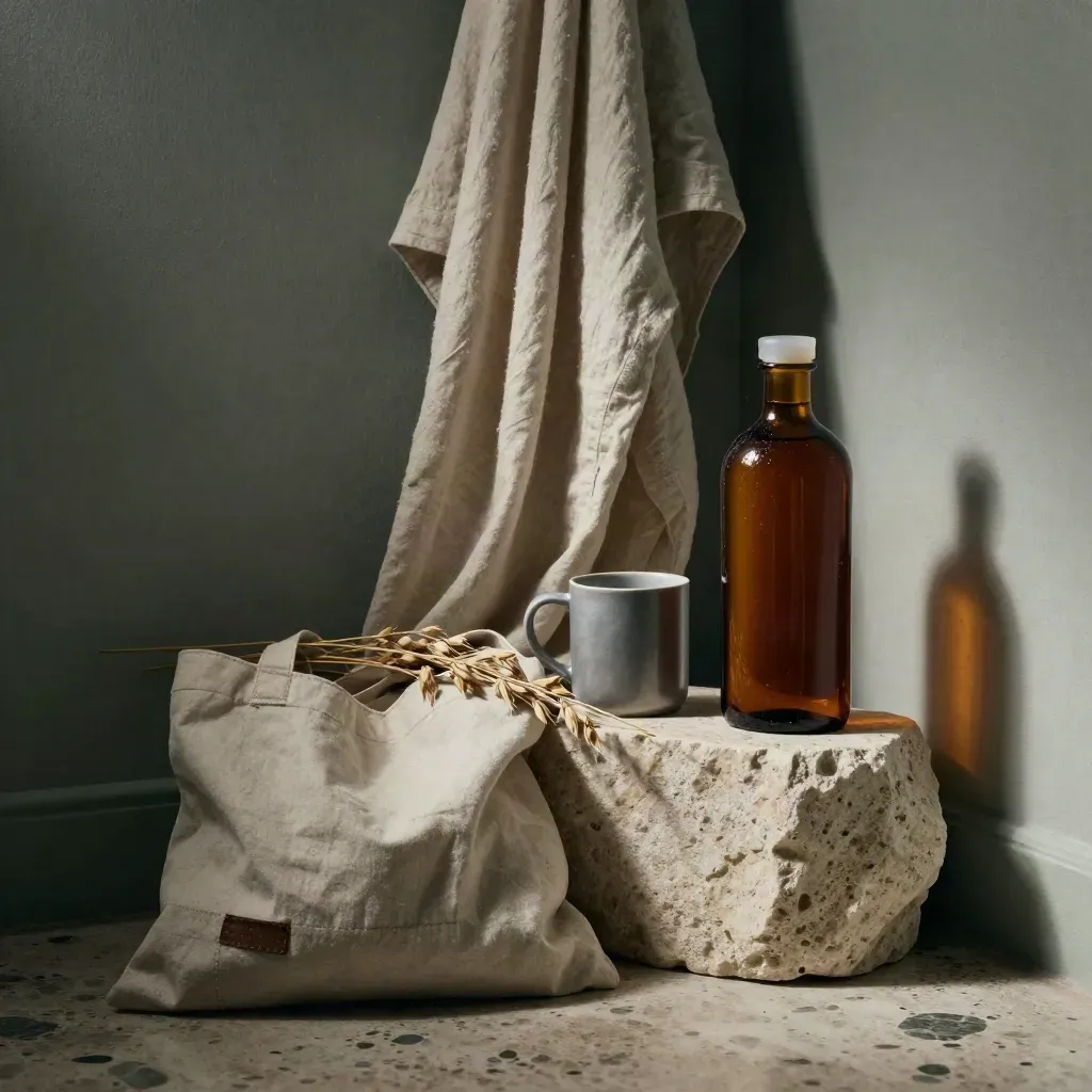 Amber serum bottle on stone plinth with linen, mug, stems and tote in rain-lit calm.