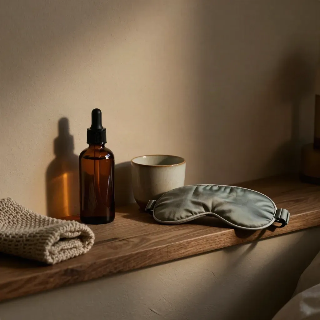 Night serum, water cup, sleep mask and knit on a bedside ledge in amber afterglow.