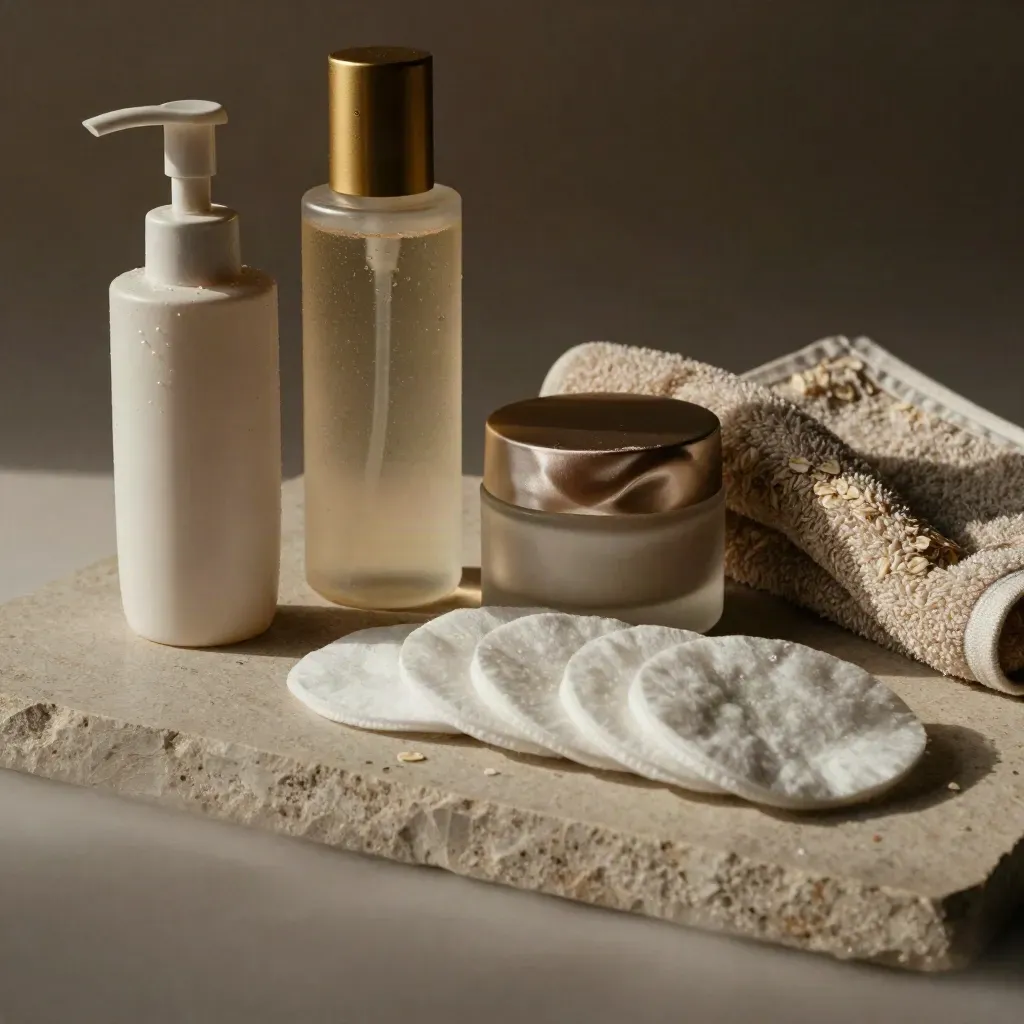Moist cleanser, essence, moisturizer, towel and cotton pads lined on stone in soft morning light.