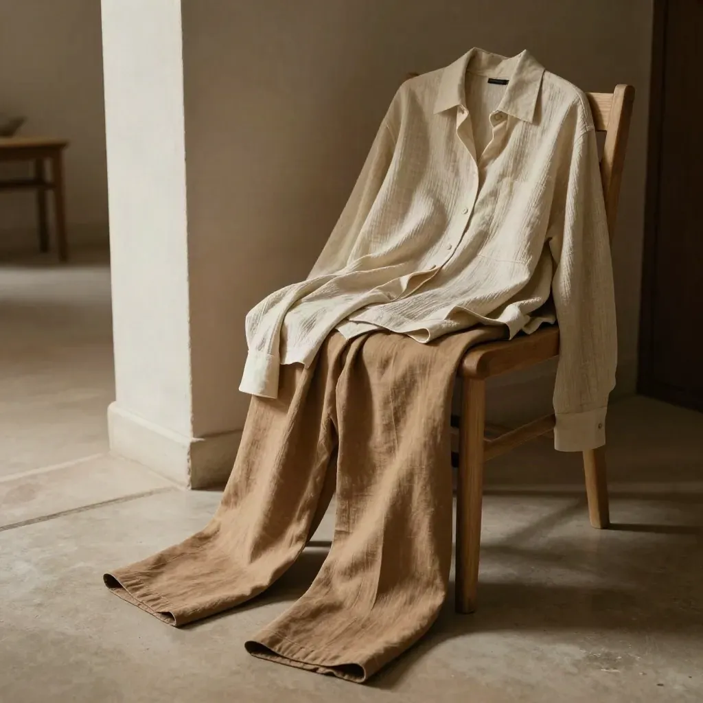 Linen shirt, knit and wide-leg trousers draped on a chair in warm entry light