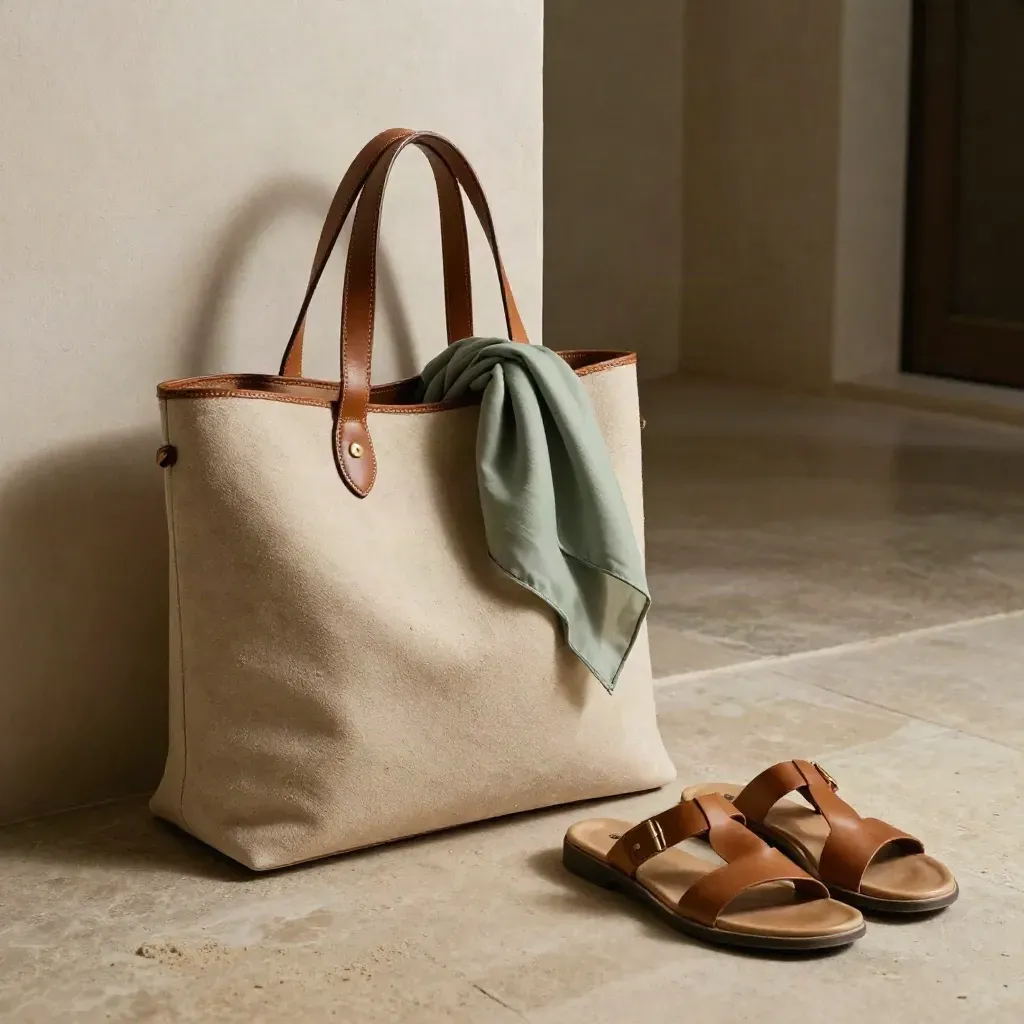 Sand tote, scarf, and sandals on a pale limestone floor in moody daylight.