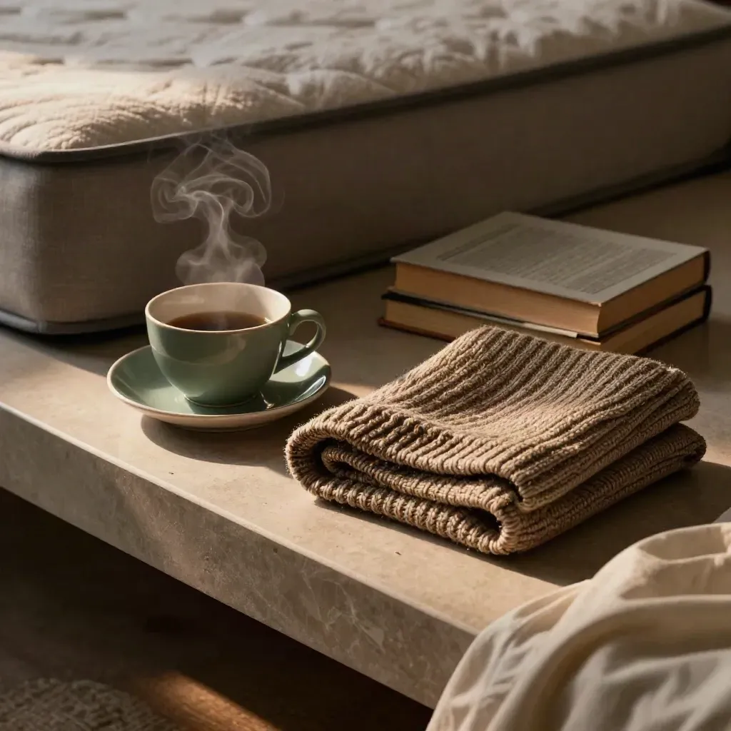Sage teacup, knit and face-down books on a bedside ledge with steam in low warm light.